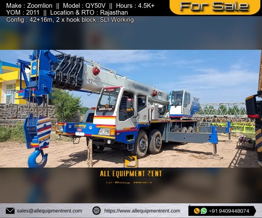 RJ Registered 50 Ton Class Zoomlion QY50V 2011 OEM Purchased Crane Available for Sale in Rajasthan