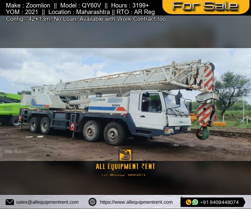 AR Reg 60 Ton Class Zoomlion Telescopic Crane QY60V Imported Crane May 2021 Available for Sale in Maharashtra