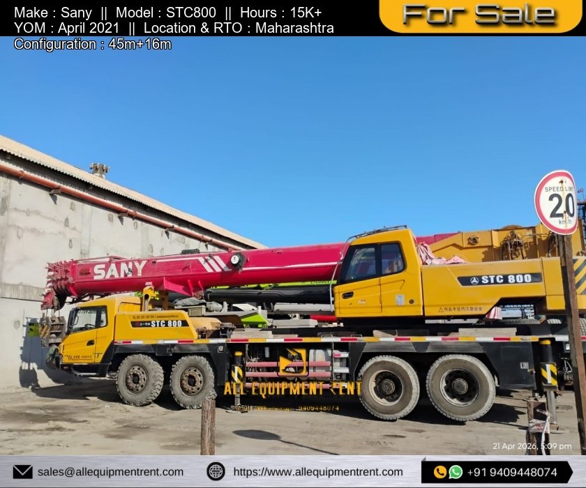 MH Registered 80 Ton Class Sany STC800 with 45m Boom and 16m Jib Available for Sale in Ready to Rent condition 2021 Model